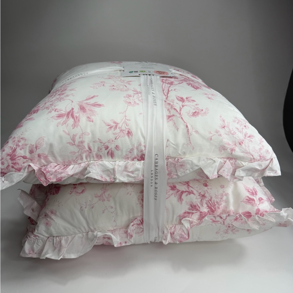 2 Elegant Pink Floral Euro Shams  Ruffles Cabbages & Roses London ~ Raspberry